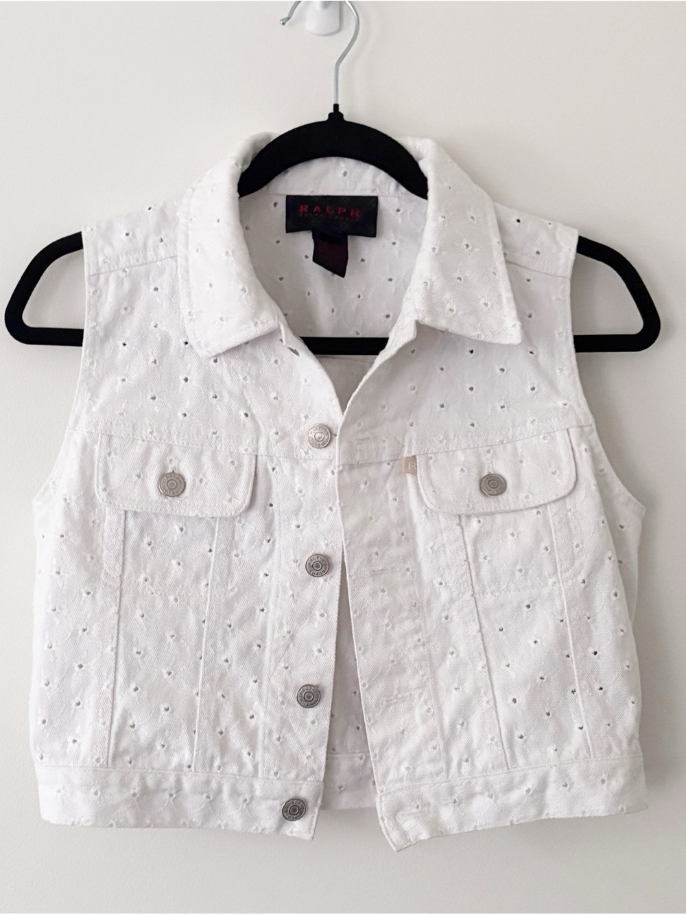 Ralph Lauren White Eyelet Denim Vest with Button Front
